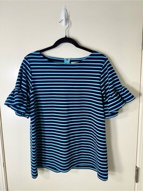 Sail to Sable Navy and Light Blue Striped Ruffle Sleeve Top Size L